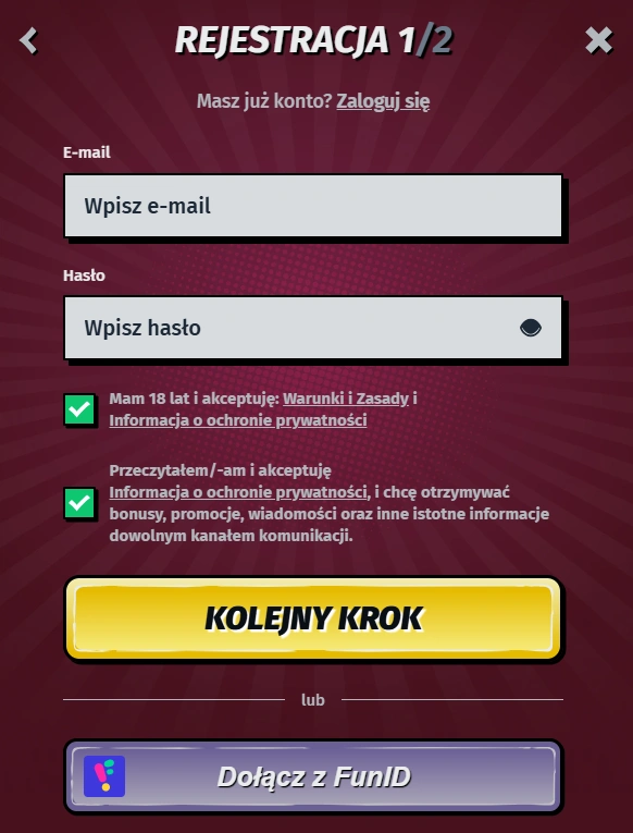 Allyspin Casino rejestracja krok 1